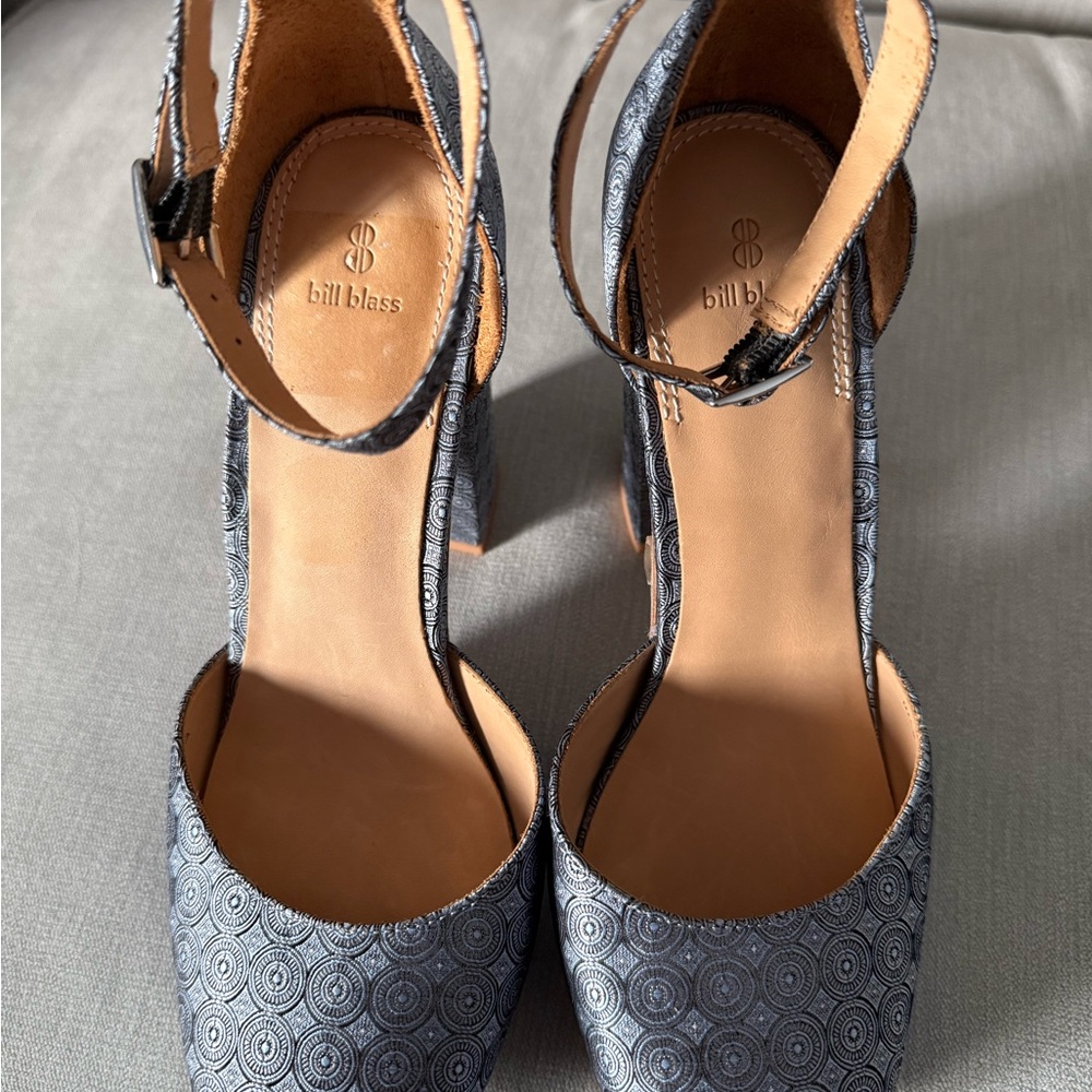 bill blass Black and Gray Patterned Ankle-Strap Heels